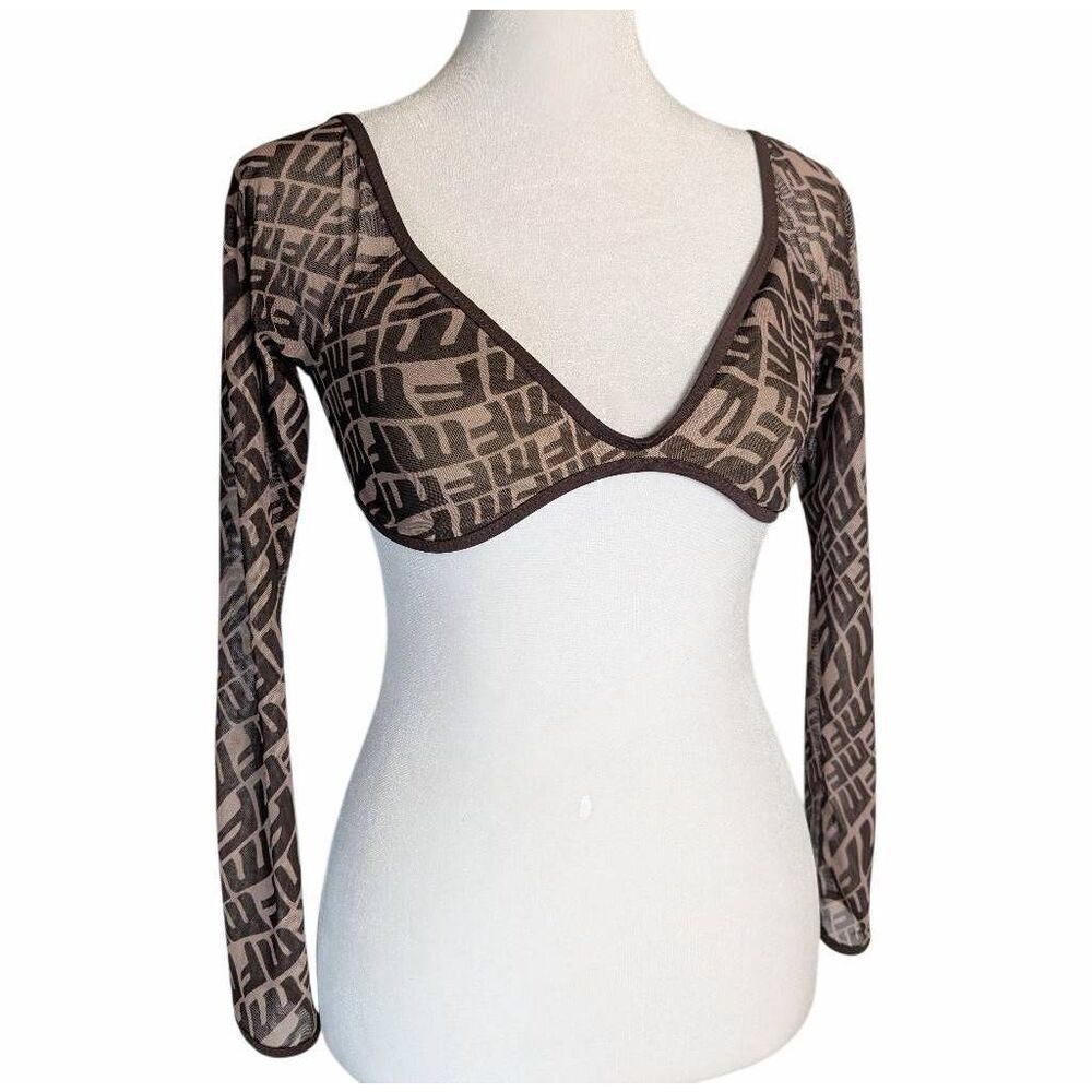 White Fox Signature Brown & tan mesh low cut long sleeve crop top womens S